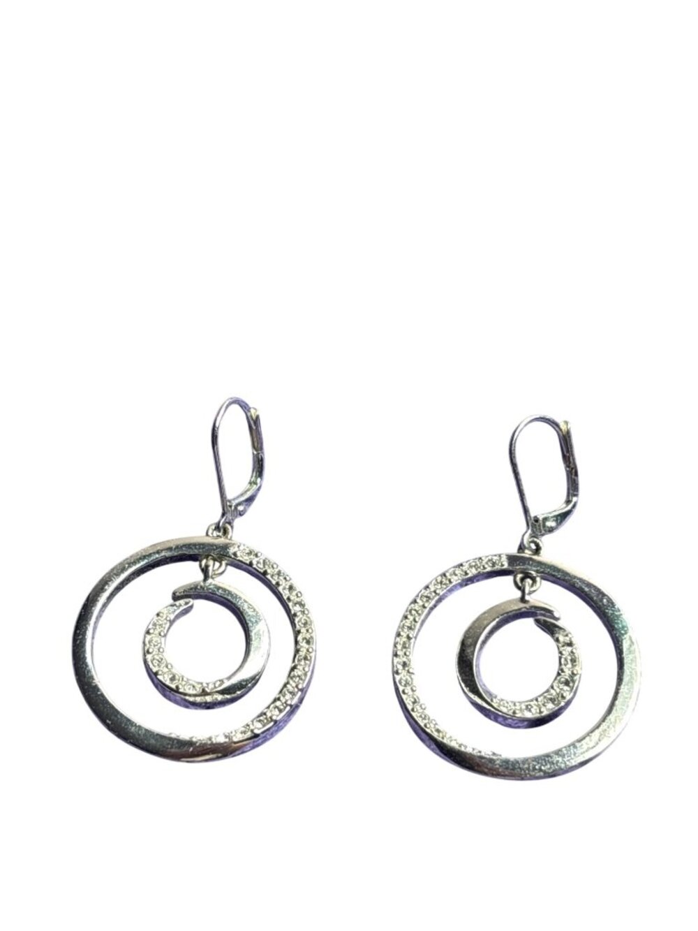 Silvertone Double Circle Dangle Earrings Clear Rhinestones Some Metal Wear